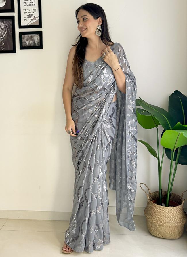 Georgette Grey Party Wear Sequins Work Saree